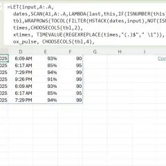 Excel z formułą LET, która przetwarza dane z kolumny A, tworząc tabelę z datami, godzinami, procentami i liczbami. Ta zaawansowana funkcja indeks excel pozwala na efektywne zarządzanie danymi.
