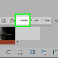 Przycisk "Delete" podświetlony na zielono na ekranie edycji prezentacji PowerPoint.