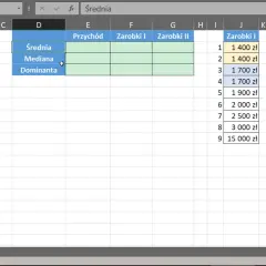 Arkusz kalkulacyjny Excel pokazuje, jak obliczyć medianę. W kolumnie D widać nagłówki: Średnia, Mediana, Dominanta.