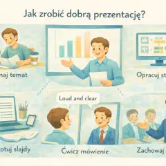 Ilustracja przedstawia zasady tworzenia prezentacji: poznaj temat, opracuj strukturę, przygotuj slajdy, ćwicz mówienie, zachowaj kontakt.