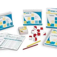 Zestaw do oceny rozwoju intelektualnego dzieci: skala inteligencji Wechslera (WISC-V) z podręcznikami, kartami i klockami.