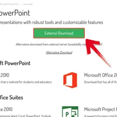 Strona pobierania Microsoft PowerPoint. Kliknij "External Download", aby dowiedzieć się, jak zainstalować Powerpointa.