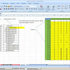 Arkusz Excel z danymi, gdzie szukamy part number i kolor. Widać fragmenty tabeli z danymi i kryteriami, sugerujące użycie funkcji INDEX MATCH.
