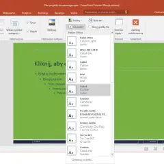 Jak zmienić czcionkę w całej prezentacji PowerPoint: wybór czcionki Corbel z listy rozwijanej w widoku wzorca slajdów.