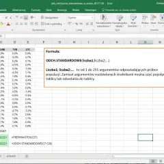Arkusz kalkulacyjny Excel z danymi i formułą ODCH.STANDARDOWE. Oblicza odchylenie standardowe dla próby danych.