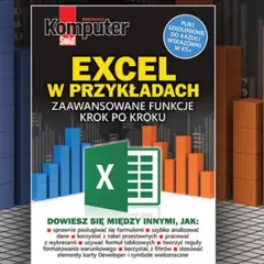 Okładka książki "Excel w przykładach" z ikoną programu i wykresami słupkowymi. Tabela Excel wzór.
