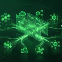 Wizualizacja danych i analizy w Power BI. Widzimy ekrany z wykresami, połączone z chmurą i strukturami molekularnymi, symbolizującymi dane.