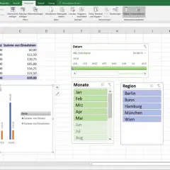 Wykres przestawny Excel z danymi sprzedaży i przychodów dla sprzedawców, z filtrami miesiąca i regionu.