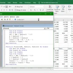Okno edytora VBA w programie Excel z kodem i arkuszem kalkulacyjnym.