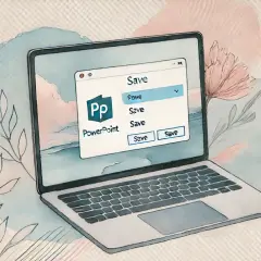 Jak zapisać prezentację w PowerPoint? Okno dialogowe "Zapisz" na ekranie laptopa, otoczone akwarelowymi kwiatami.