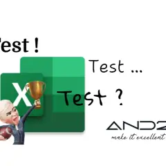Przykładowe testy z excela: postać z pucharem i piłką futbolową obok logo Excela, z napisami "Test!", "Test ...", "Test?".