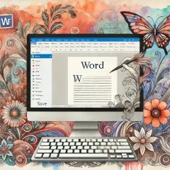 Komputer z programem Word, klawiatura i ozdobne kwiaty. Dowiedz się, jak zrobić cudzysłów w Wordzie, by pięknie formatować tekst.