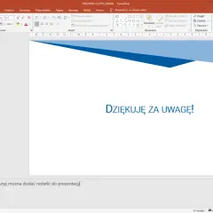 Ostatni slajd prezentacji Power Point z napisem "Dziękuję za uwagę!" i logo. To przykład, jak zrobić prezentację multimedialną.