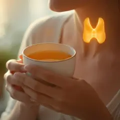 Kobieta pije herbatę, a nad jej szyją świeci symbol tarczycy. To przypomnienie o osi podwzgórze-przysadka-tarczyca.