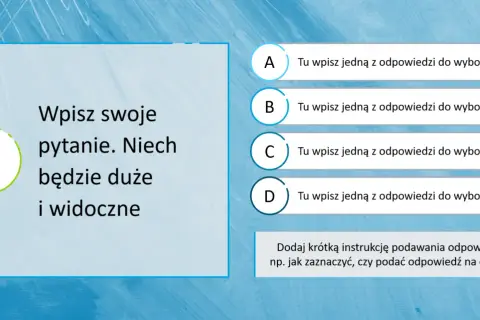 Szablon prezentacji z pytaniem i czterema odpowiedziami. Dowiedz się, jak połączyć kilka prezentacji w jedną powerpoint, tworząc interaktywne quizy.