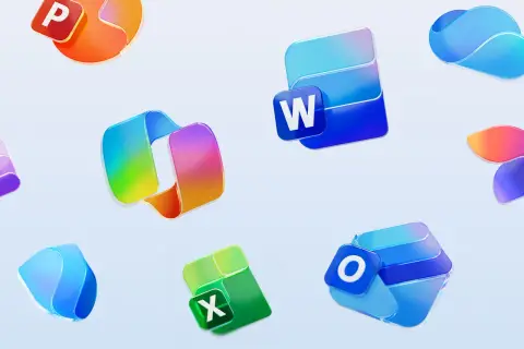 Ikony Microsoft Office, w tym zielony Excel, Word i Outlook. Zastanawiasz się, ile kosztuje Excel na miesiąc?