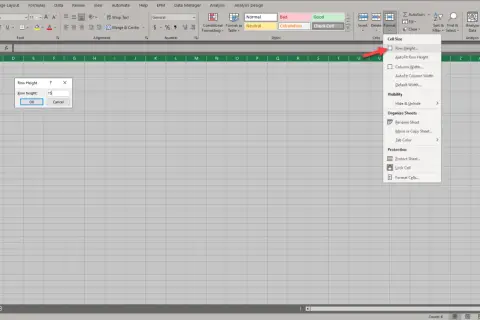Jak odkryć wszystkie wiersze w Excel? Kliknij Format, a następnie wybierz "Wysokość wiersza".
