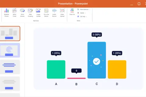 Interfejs PowerPoint z opcjami dodawania quizów, nagrań audio i wideo. Widoczny wykres słupkowy z wynikami.