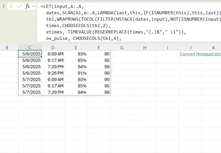 Excel z formułą LET, która przetwarza dane z kolumny A, tworząc tabelę z datami, godzinami, procentami i liczbami. Ta zaawansowana funkcja indeks excel pozwala na efektywne zarządzanie danymi.