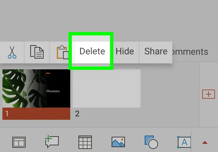 Przycisk "Delete" podświetlony na zielono na ekranie edycji prezentacji PowerPoint.