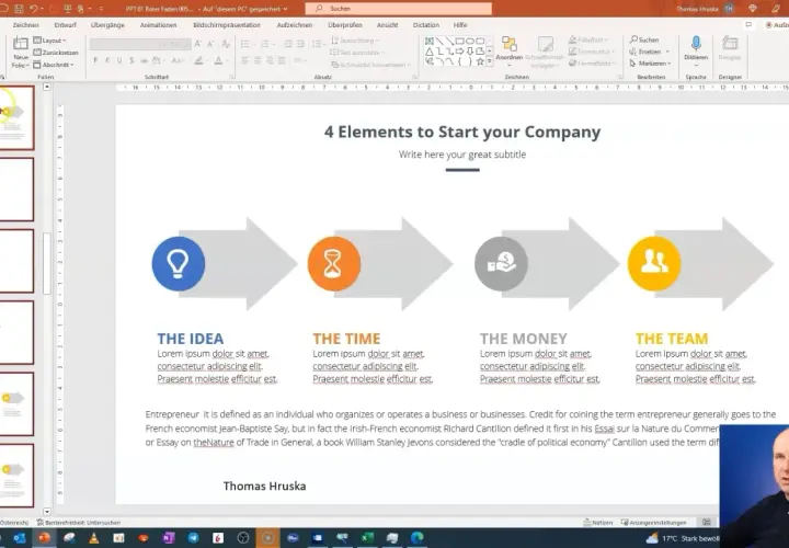 Prezentacja w programie PowerPoint, która pokazuje 4 elementy do rozpoczęcia firmy: pomysł, czas, pieniądze i zespół.