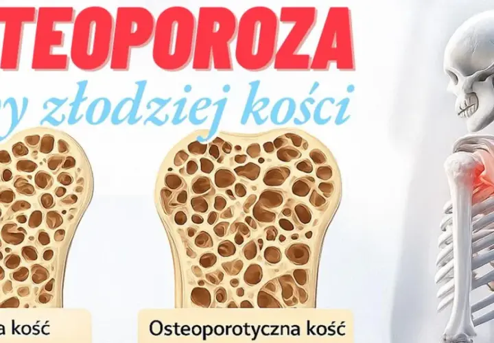 Osteoporoza - cichy złodziej kości. Porównanie zdrowej i osteoporotycznej kości. Szkielet z zaznaczonym bólem w obrębie barku.