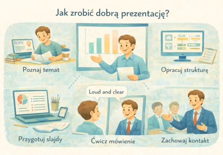 Ilustracja przedstawia zasady tworzenia prezentacji: poznaj temat, opracuj strukturę, przygotuj slajdy, ćwicz mówienie, zachowaj kontakt.
