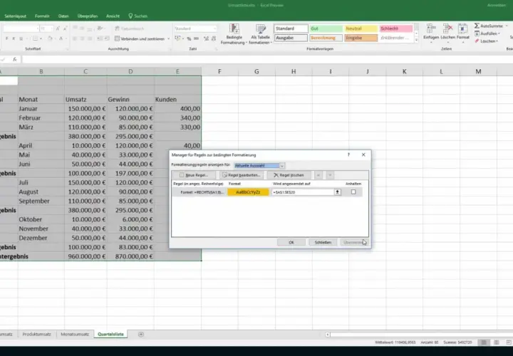 Excel pokazuje sumy częściowe dla kwartałów i całkowity wynik sprzedaży.