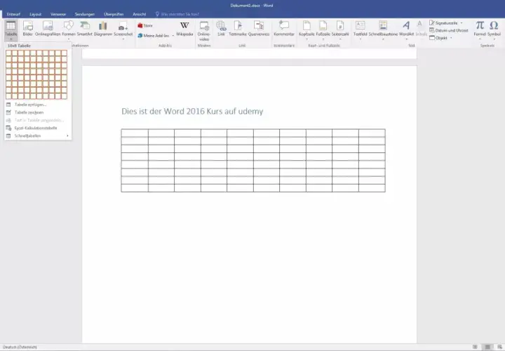 Jak zrobic tabelę w Wordzie? Widok menu "Wstawianie" z opcją tworzenia tabeli, obok widoczna jest już wstawiona tabela.