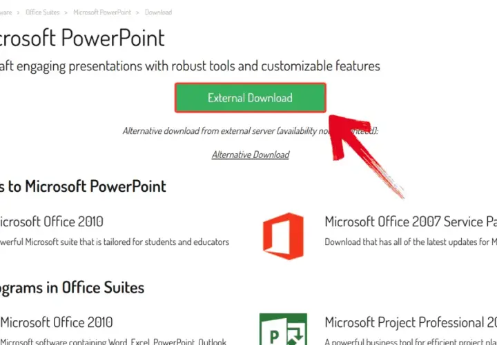 Strona pobierania Microsoft PowerPoint. Kliknij "External Download", aby dowiedzieć się, jak zainstalować Powerpointa.