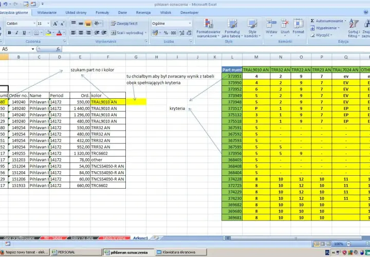 Arkusz Excel z danymi, gdzie szukamy part number i kolor. Widać fragmenty tabeli z danymi i kryteriami, sugerujące użycie funkcji INDEX MATCH.
