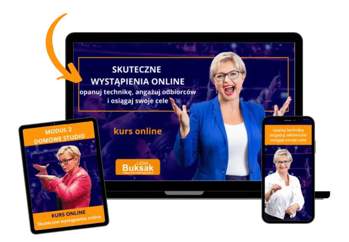 Kurs online "Skuteczne wystąpienia online" Lidia Buksa. Dowiedz się, jak zrobić dobrą prezentację, angażować odbiorców i osiągać cele.