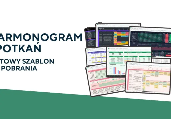 Harmonogram spotkań: gotowe szablony Excel do pobrania. Różnorodne arkusze z danymi i wykresami na ekranach tabletów.