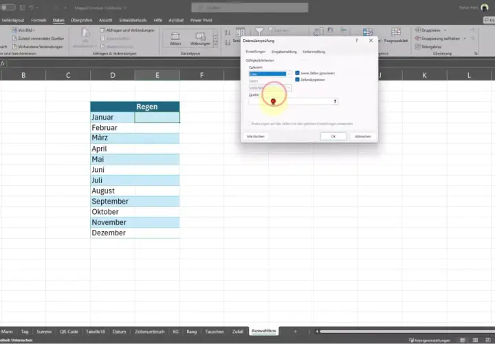 Excel: okno "Sprawdzanie poprawności danych" z listą miesięcy, opcja "Tak/Nie" dla pustych komórek.