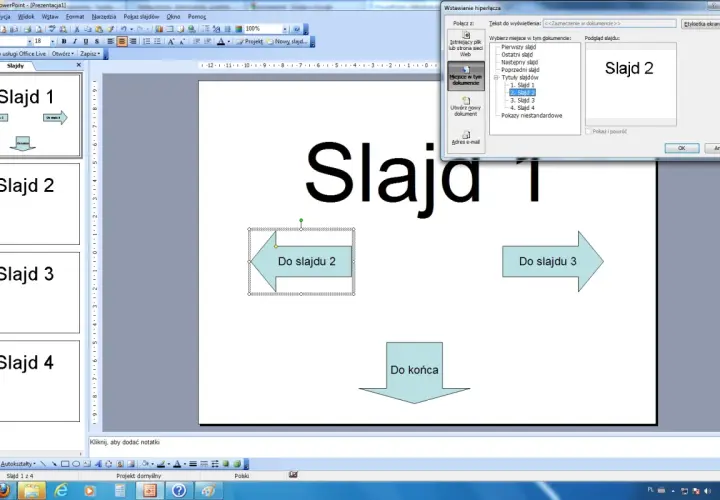 Okno dialogowe "Wstawianie hiperłącza" w programie PowerPoint, z zaznaczonym slajdem 2.