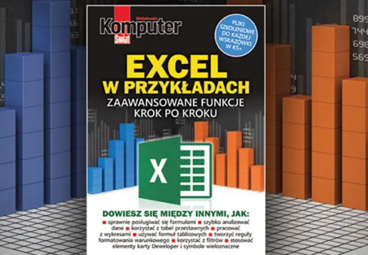 Okładka książki "Excel w przykładach" z ikoną programu i wykresami słupkowymi. Tabela Excel wzór.
