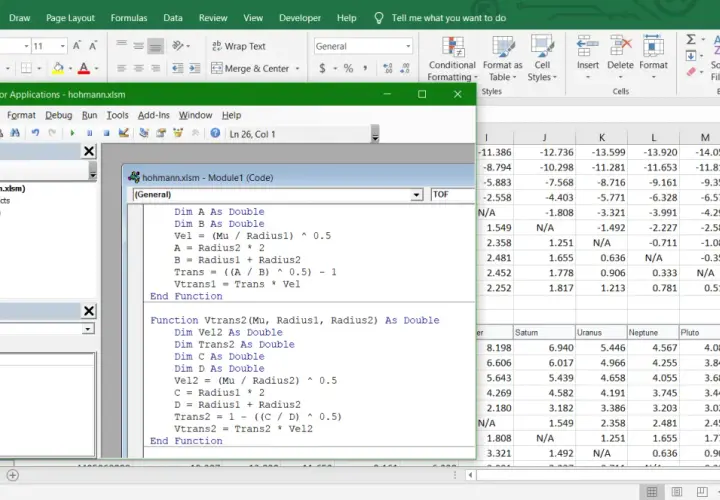 Okno edytora VBA w programie Excel z kodem i arkuszem kalkulacyjnym.