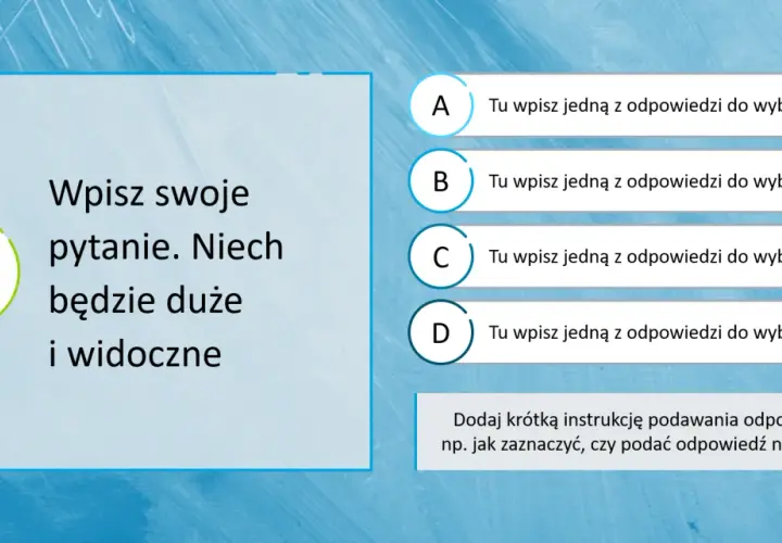 Szablon prezentacji z pytaniem i czterema odpowiedziami. Dowiedz się, jak połączyć kilka prezentacji w jedną powerpoint, tworząc interaktywne quizy.