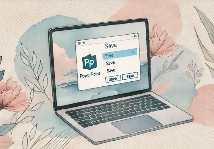 Jak zapisać prezentację w PowerPoint? Okno dialogowe "Zapisz" na ekranie laptopa, otoczone akwarelowymi kwiatami.