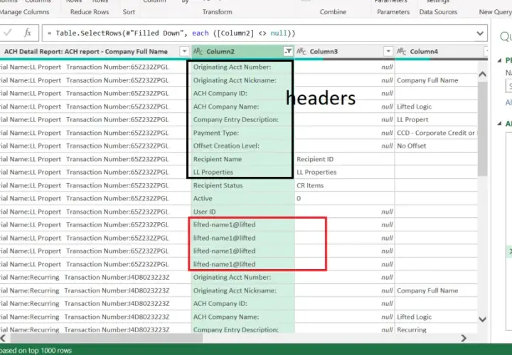 Widok tabeli w Power Query, gdzie zastosowano excel grupowanie wierszy. Widać kolumny z danymi i zastosowane kroki transformacji.