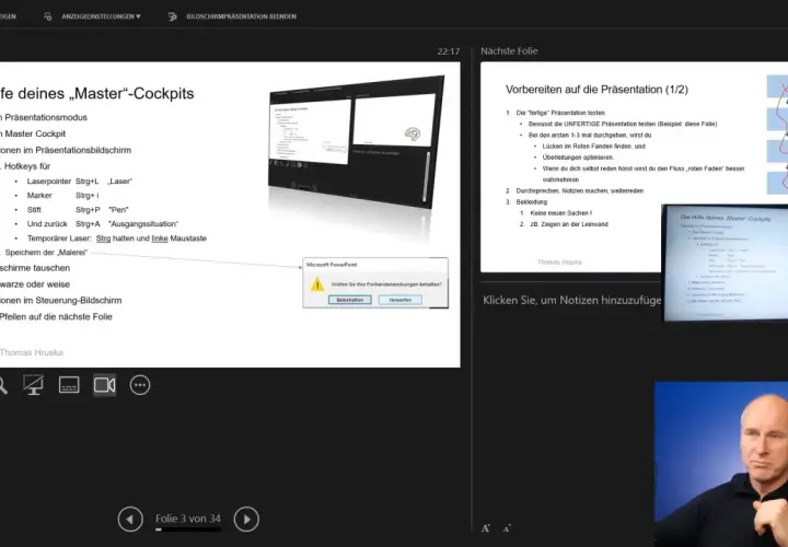 Widok prezentera PowerPoint z listą opcji i podglądem slajdu.