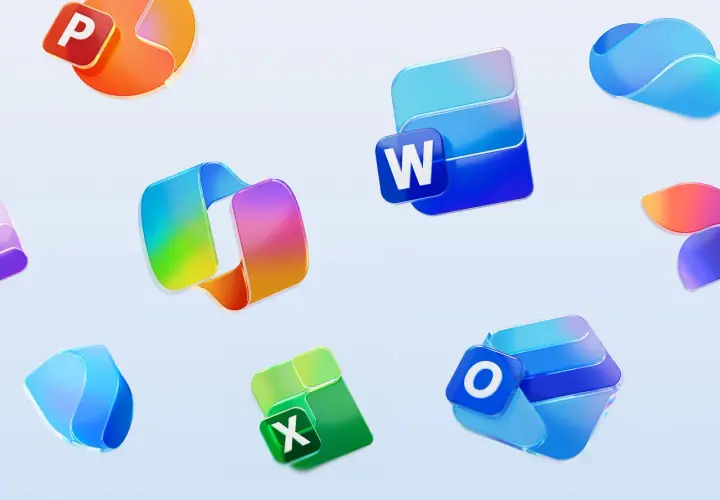 Ikony Microsoft Office, w tym zielony Excel, Word i Outlook. Zastanawiasz się, ile kosztuje Excel na miesiąc?