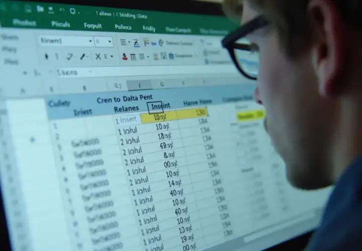 Osoba w okularach patrzy na arkusz kalkulacyjny Excel z danymi i formułami.