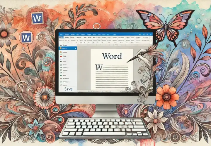 Komputer z programem Word, klawiatura i ozdobne kwiaty. Dowiedz się, jak zrobić cudzysłów w Wordzie, by pięknie formatować tekst.