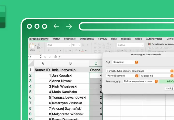 Excel zadania z rozwiązaniami: tworzenie reguły formatowania warunkowego dla ocen większych niż 3.