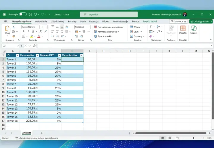 Arkusz kalkulacyjny Excel z kolumnami: ID, Cena netto, Stawka VAT, Cena brutto. Pokazuje, jak obliczyć VAT w Excelu, dodając procent VAT do ceny netto.