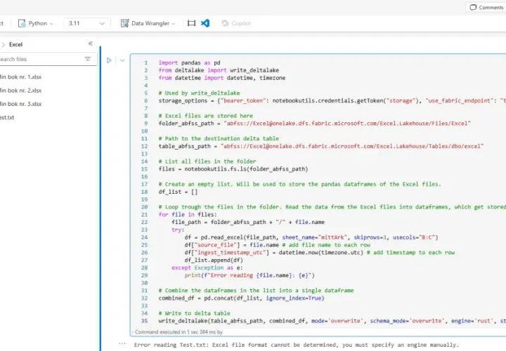 Kod Pythona do odczytu plików Excel, ich łączenia i zapisu do tabeli Delta. Pokazuje, jak sumować w Excelu, przetwarzając dane.
