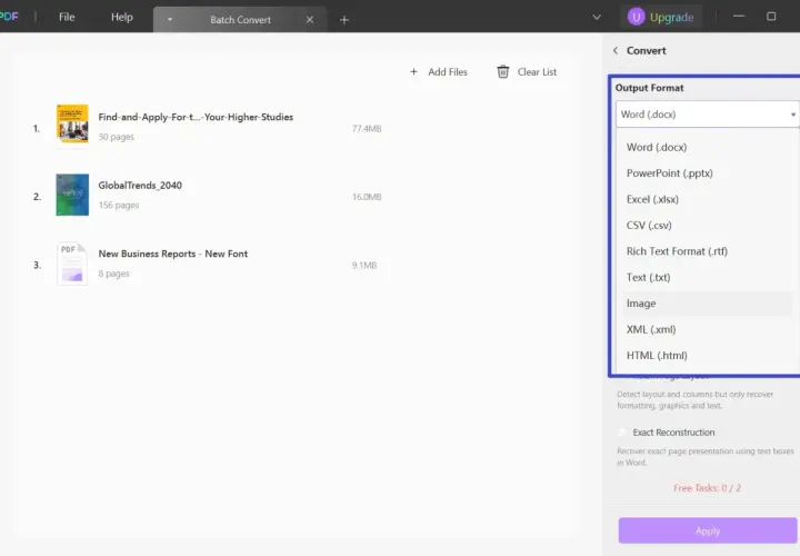 Jak zamienić PDF na Word? Wybierz format wyjściowy "Word (.docx)" w programie do konwersji plików.