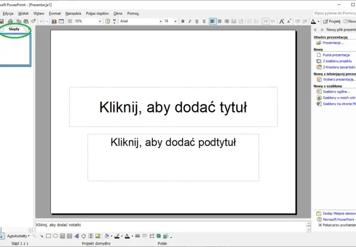 Widok programu PowerPoint, gdzie tworzy się prezentacje. Na ekranie widać pusty slajd z polem na tytuł i podtytuł. To właśnie jest podstawa, by zacząć tworzyć swoją prezentację, czyli ppt.