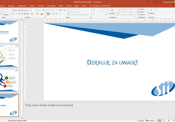 Ostatni slajd prezentacji Power Point z napisem "Dziękuję za uwagę!" i logo. To przykład, jak zrobić prezentację multimedialną.